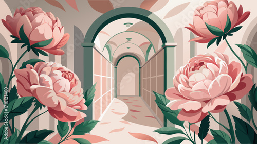 Vector art of an enchanting illustration of a peony garden within an arched corridor, blending floral beauty with architectural elegance and soft pastel tones