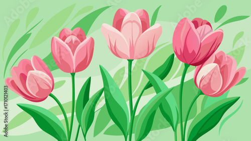Vector art of a serene arrangement of five pink tulips with vibrant green leaves, set against a soft green backdrop, evokes a sense of springtime tranquility
