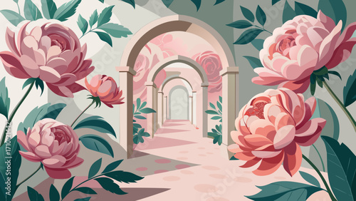 Vector art of a picturesque garden path with blooming pink peonies and lush green leaves, creating a romantic and enchanting floral landscape illustration