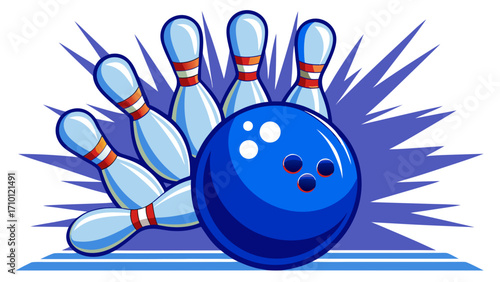 Vector art of bowling ball hitting pins, creating a dynamic and energetic scene with a sense of competition and fun
