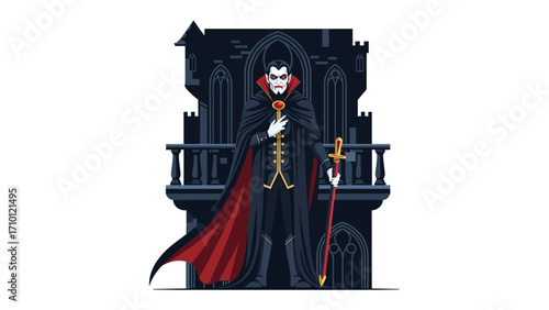 Mysterious Count: A captivating illustration of a sophisticated count stands regally. Cloaked in an elegant crimson-lined robe, his gaze is intense, a sign of something more. In the background.