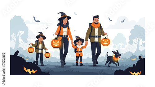 Halloween Family Walk: A joyous family strolls on Halloween night, each member adorned in festive attire, their illuminated jack-o'-lanterns casting a warm glow against the dark canvas of the evening.