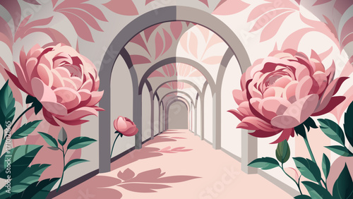 Vector art of a captivating illustration of a pink floral garden with arched passageways, creating a dreamy and romantic atmosphere with a touch of elegance
