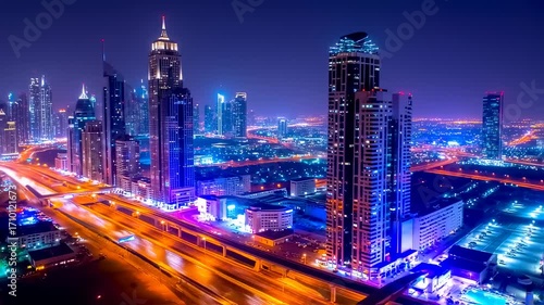 Wallpaper Mural Night cityscape view of Dubai with illuminated skyscrapers, roads, and bright lights creating a vibrant urban scene. Torontodigital.ca
