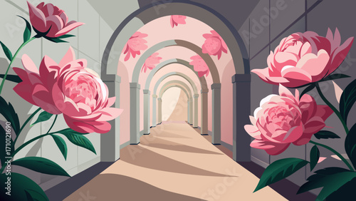 Vector art of a charming illustration of a pink floral garden with arched passageways, creating a whimsical and inviting scene with a touch of fantasy
