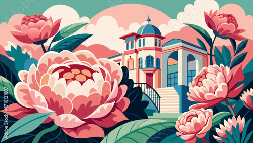 Vector art of a serene illustration of a grand building surrounded by blooming peonies, set against a backdrop of soft, pastelcolored clouds and sky