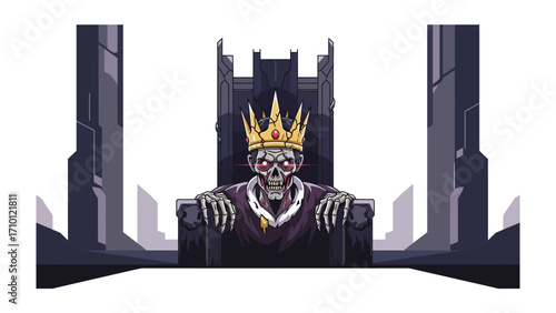 Undead Monarch on the Throne: A skeletal king, adorned with a regal crown, sits upon an imposing throne, symbolizing power, authority, and dominion in a minimalist yet striking composition.