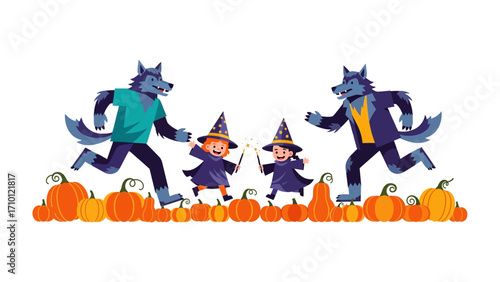 Halloween's Enchanted Chase: A whimsical illustration captures the playful spirit of Halloween, as two children dressed as witches and two monsters romp around pumpkins, sparking joy and festivity.