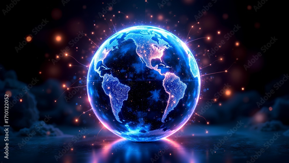 Fototapeta premium A vibrant, glowing representation of Earth surrounded by digital connections and cosmic elements, symbolizing technology and global connectivity.