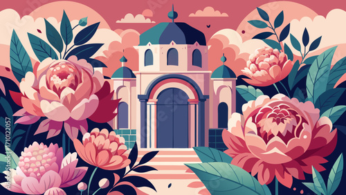 Vector art of a captivating vector illustration showcases a grand building surrounded by vibrant flowers, creating a harmonious blend of architecture and natures beauty
