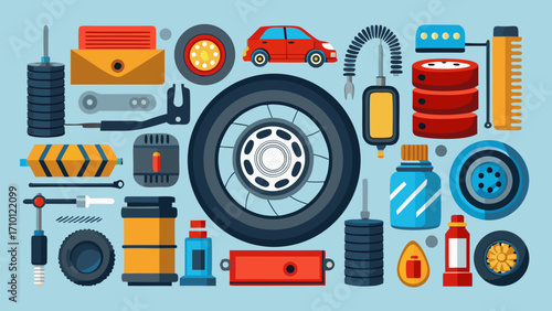 Vector art of a vibrant vector illustration showcases an array of car repair equipment and tools, perfect for automotive enthusiasts and servicerelated projects