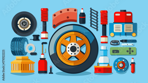 Vector art of a vibrant flat vector illustration showcasing an assortment of car parts and accessories, perfect for automotive enthusiasts and repair services