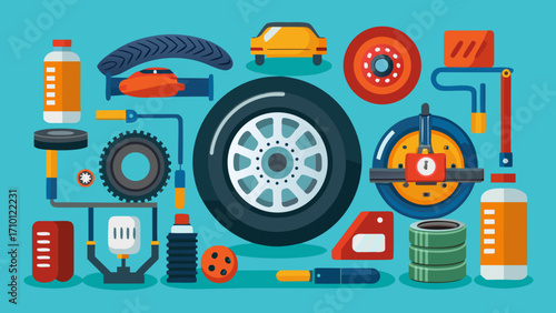 Vector art of flat vector illustration of car service and maintenance equipment, including tires, wheels, oil, and tools for repair and upkeep of vehicles