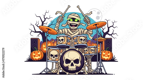 Mummy drummer playing drum set during Halloween: A spooky mummy energetically drumming on a custom-designed drum kit, with illuminated jack-o'-lanterns set against a backdrop of a full moon.