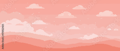 Pixel Art Dreamy Coral Sky Landscape with Fluffy Clouds and Distant Hills