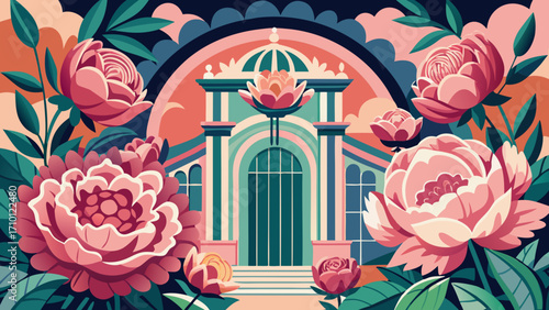 Vector art of a whimsical illustration of a building surrounded by peonies, capturing a sense of architectural beauty and floral elegance in a vibrant composition