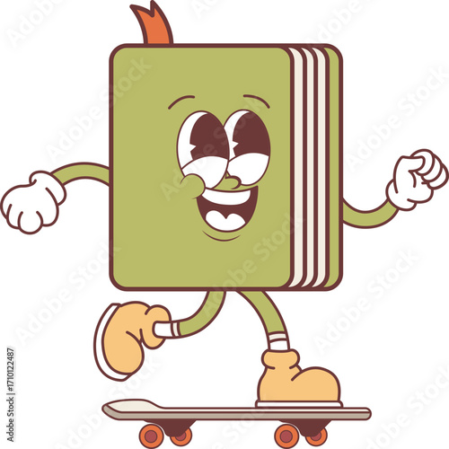 Happy Retro Book Character on a Skateboard