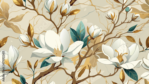 Vector art of an elegant magnolia floral pattern featuring delicate white blossoms, golden leaves, and turquoise accents, creating a luxurious and sophisticated botanical design