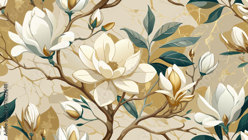 Vector art of a refined magnolia floral pattern showcasing creamy white blossoms, golden foliage, and deep teal accents, offering a timeless and graceful botanical aesthetic