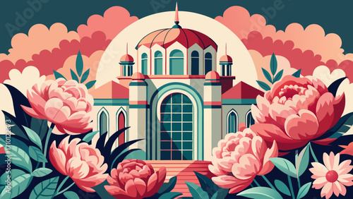 Vector art of a captivating illustration of a grand mosque nestled amidst blooming peonies, set against a backdrop of pastel clouds and a radiant sun, creating a serene scene