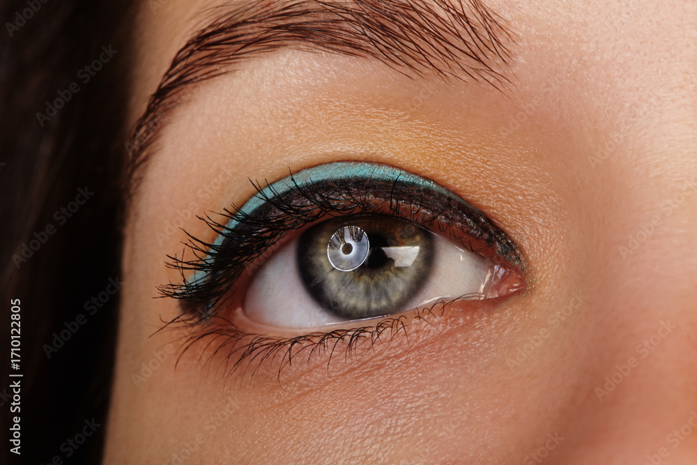 Obraz premium Close-up of a grey female eye with black eyeliner and blue eyeshadows makeup. Macro photo for Beauty salon, Ophthalmology Clinic, Healthy vision correction or Make-up Artist