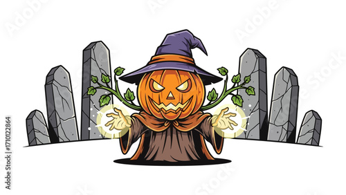 Mystic Pumpkin Sorcerer: A mystical pumpkin sorcerer, adorned with a witch's hat and cloak, conjures magic against the backdrop of eerie tombstones, embracing the spirit of Halloween.
