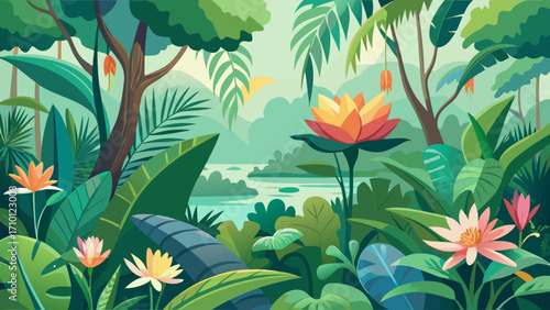 Vector art of vibrant tropical rainforest illustration featuring lush foliage, exotic flowers, and a serene river, capturing the essence of natures beauty