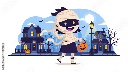 A Halloween Mummy on Trick or Treat: A young person, dressed as a mummy, gleefully participates in the tradition of trick-or-treating. In a spooky illustrated streetscape.