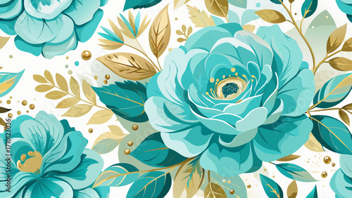 Vector art of elegant seamless pattern featuring vibrant turquoise roses and golden leaves, creating a luxurious and eyecatching floral design for various applications
