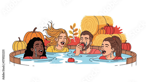Autumn Bliss: A cheerful gathering of friends enjoying a serene hot tub, surrounded by vibrant autumnal elements, representing the pure joy and warmth of seasonal camaraderie.