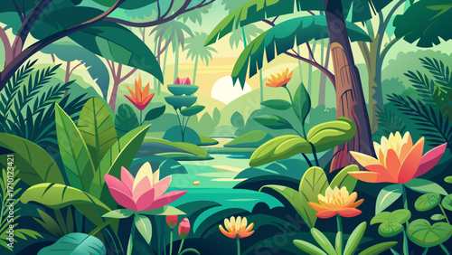 Vector art of vibrant tropical jungle scene with lush foliage, colorful flowers, and a tranquil stream, creating a serene and inviting natural landscape illustration