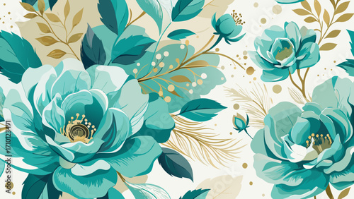 Vector art of elegant floral pattern with teal roses and golden accents, creating a sophisticated and timeless botanical design