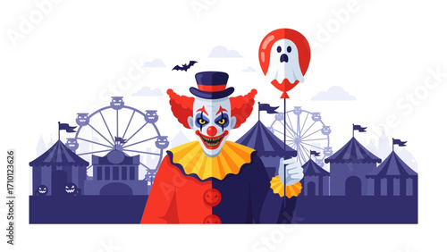 Spooky Carnival Clown: A chilling carnival scene unfolds, where a menacing clown, complete with menacing visage and holding a ghostly balloon, looms before a backdrop of festive tents and rides.