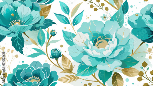 Vector art of elegant seamless pattern featuring turquoise peonies with golden accents, creating a luxurious and eyecatching floral design for various applications