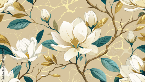 Vector art of elegant magnolia blossom pattern with creamy white flowers, golden accents, and teal leaves, creating a luxurious and sophisticated design element