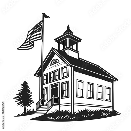 American Schoolhouse Silhouette Classic Building with US Flag Icon for Education and Patriotism
