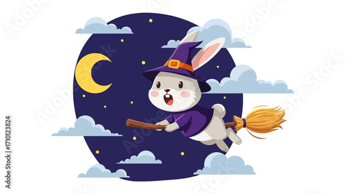 Witch Bunny's Night Flight: A charming illustration of a bunny, dressed as a witch and riding a broomstick under a night sky, celebrating the Halloween season.