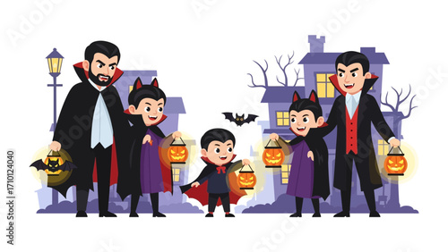 Halloween Night : A vibrant, vector illustration captures a group of family, dressed in spooky costumes and holding lanterns. a fun and festive scene full of halloween spirit