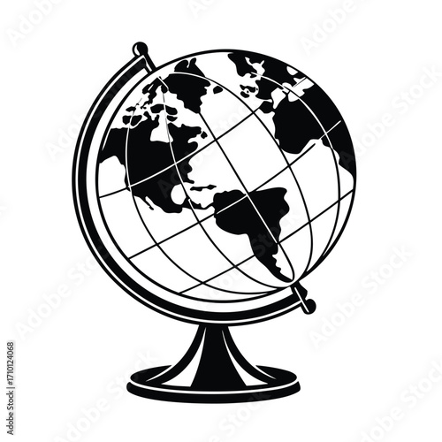 Vintage Globe Icon Black Silhouette on White Background, Illustrating Geography, Exploration, and Education