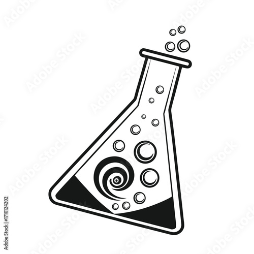 Simple black silhouette icon of a science laboratory flask with a bubbling chemical mixture and a vortex swirl inside, representing a research experiment