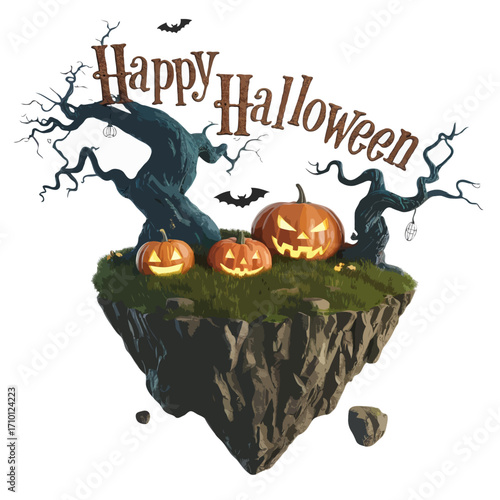 Spooky halloween scene with pumpkins on a floating island isolated on white background
