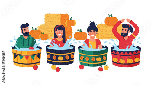 Autumn Harvest Fun: A collection of diverse individuals, cheerfully enjoying a festive harvest-themed event, where they engage in water activities surrounded by pumpkins and hay bales.