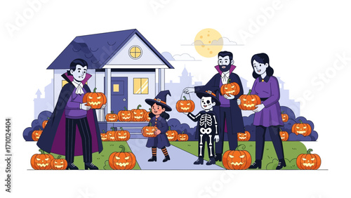 Halloween Family Gathering: A spirited family in creative costumes, gathered for a lively Halloween celebration, showcases a captivating portrayal of autumn festivities and family joy.