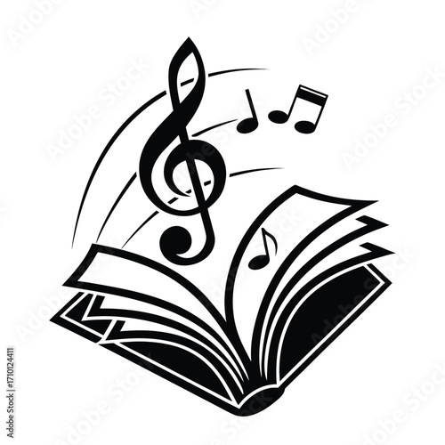 Open book with treble clef and musical notes, symbolizing music education and learning