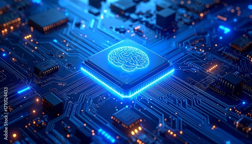 A vibrant closeup of a computer's circuit board with a glowing brain icon, symbolizing artificial intelligence. Digital pathways are illuminated