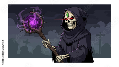 Grim Reaper with Magic Orb: A spectral figure, the Grim Reaper, cloaked in darkness and wielding a mystical orb, stands amidst a shadowy graveyard scene, exuding an aura of mystery.