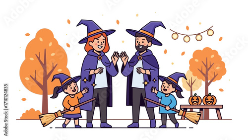 Halloween Family Fun: An adorable family dressed in vibrant witch costumes, eagerly embracing the Halloween spirit with smiles and broomsticks.