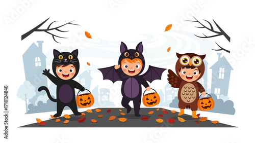 Spirited Halloween Trio: A lively illustration features three children joyfully trick-or-treating, each donned in delightful animal costumes against a backdrop of autumn leaves and spooky houses.