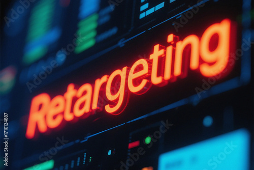 Digital marketing retargeting sign glowing neon orange light focus business growth strategy