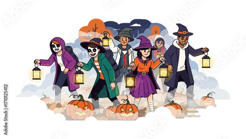 Spooky Gathering on Halloween: A group of costumed characters parade through a Halloween scene with jack-o'-lanterns and lanterns, inviting viewers into a world of fun. 